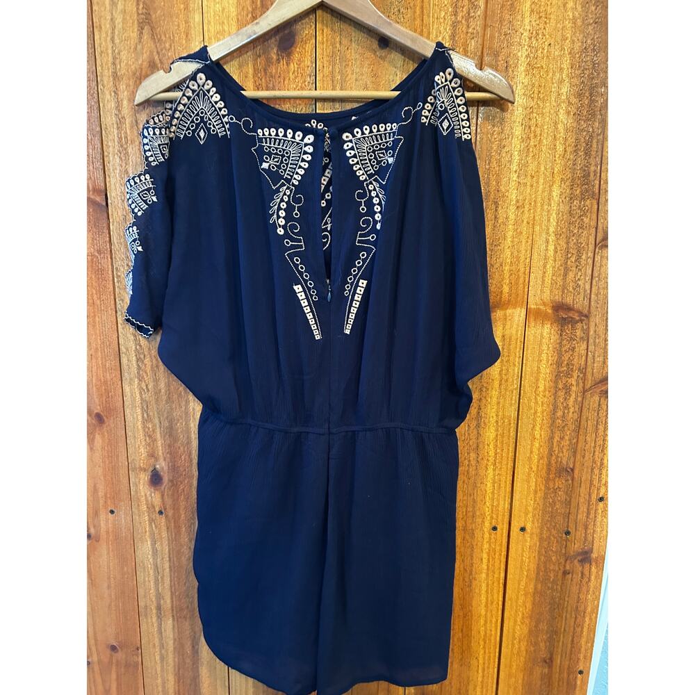 Alya Navy Blue Embroidered Boho Cold Shoulder Romper Cutout Flutter Sleeve S M - Picture 9 of 10